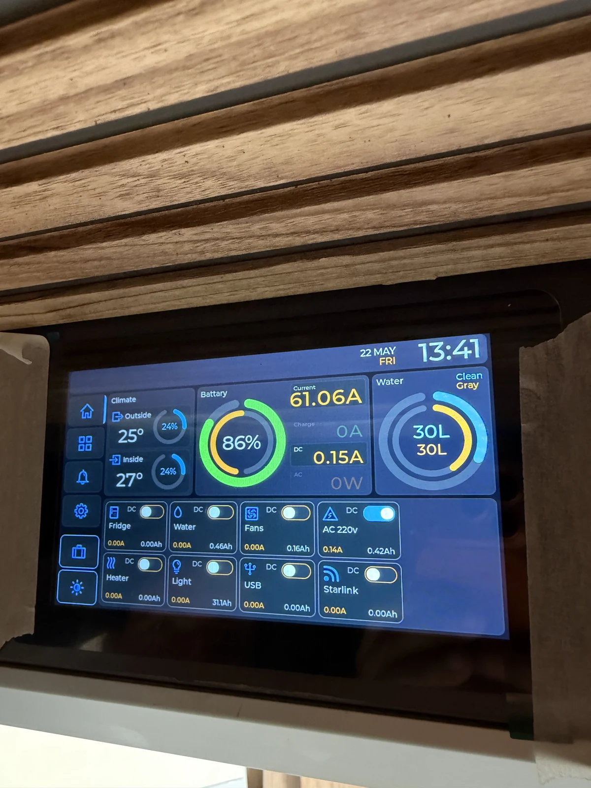 BeBrightCamp touchscreen control panel displaying battery, water and living area systems