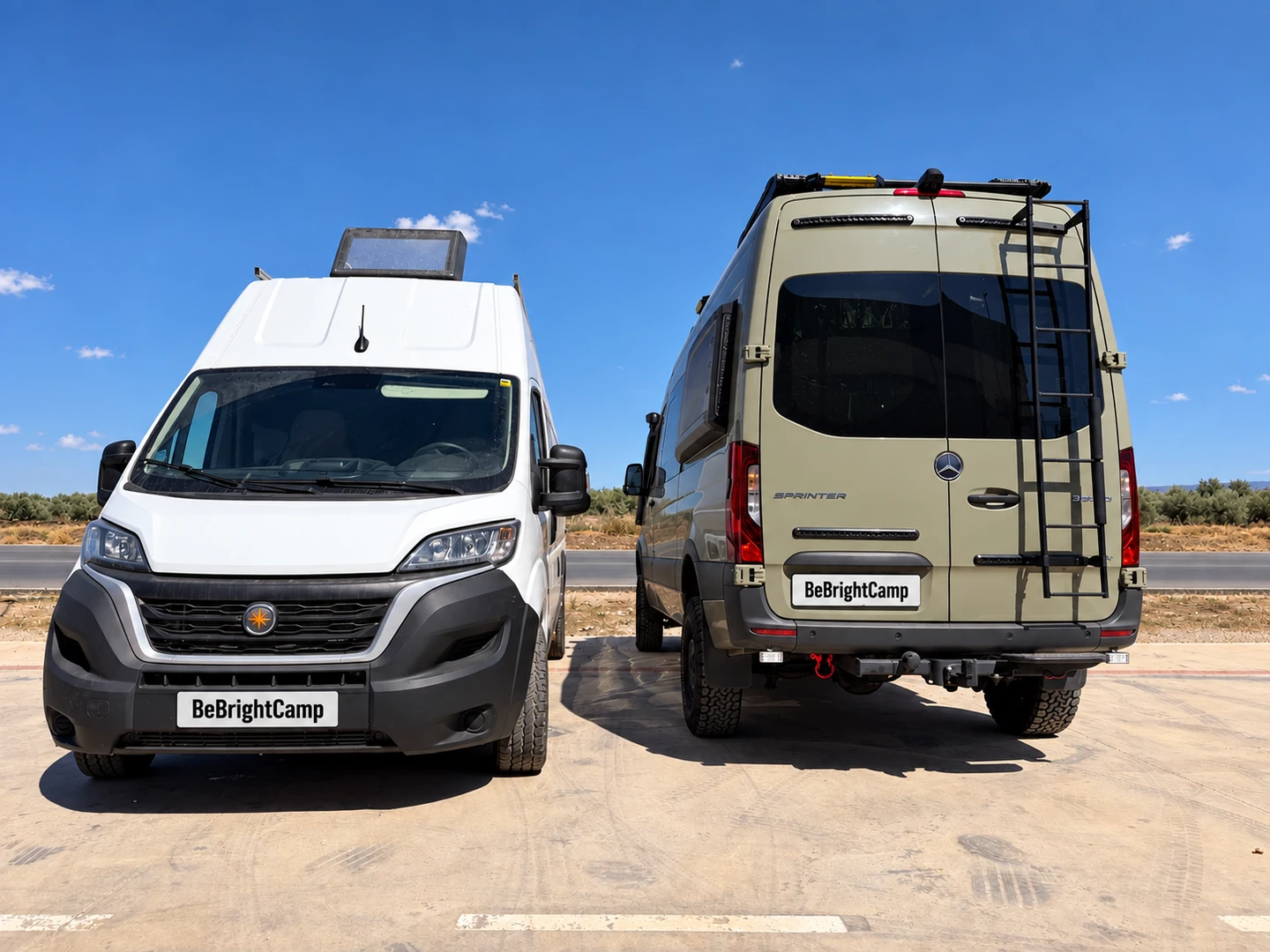 White Ducato-family campervan and olive Mercedes-Benz Sprinter parked side by side