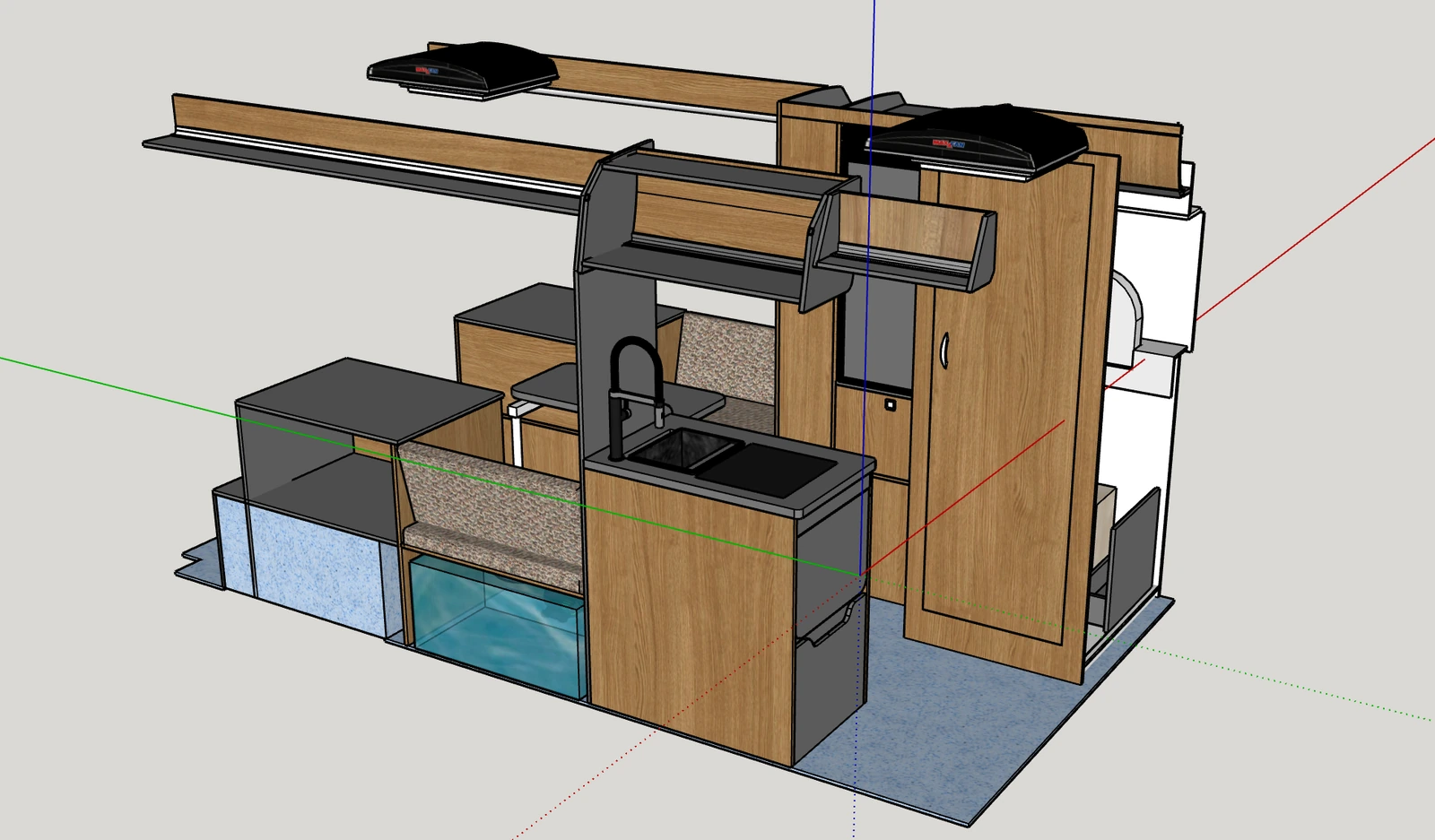 3D campervan interior layout with wood cabinetry, kitchen sink, seating and overhead storage
